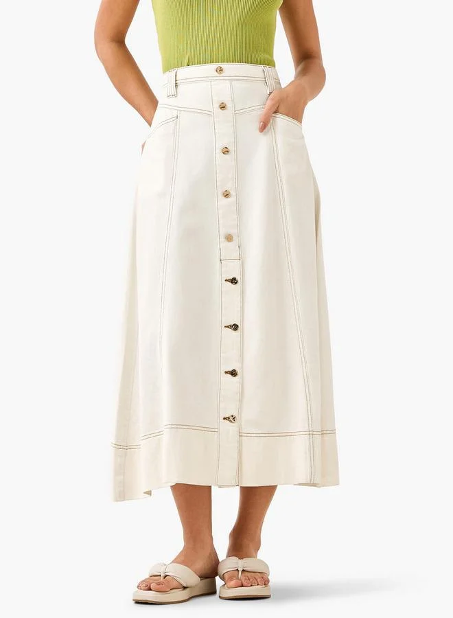 Lee Cooper Lee Cooper Midi Cotton Denim A-line Skirt with Button Detail